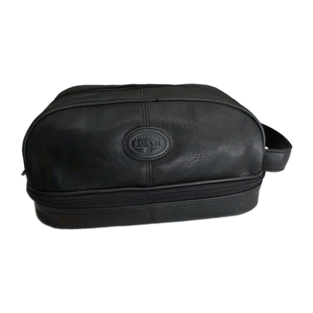 Fossil Leather Toiletry Shaving Kit Travel Bag Multi Compartments Black 11x6x5